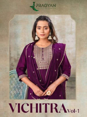 Vichitra vol 1 by Pragyan Fancy embroidered Vichitra silk Kurti pant and dupatta catalogue at affordable rate 