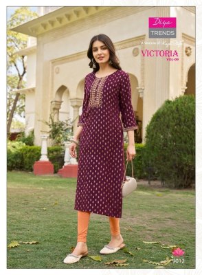 Victoria vol 9 by Diya trendz classy reyon foil printed kurti pant and dupatta catalogue at affordable rate readymade suit catalogs