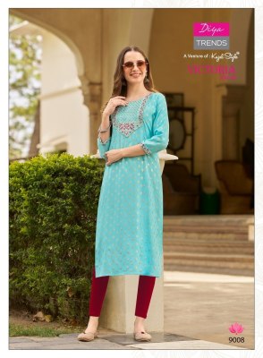 Victoria vol 9 by Diya trendz classy reyon foil printed kurti pant and dupatta catalogue at affordable rate readymade suit catalogs