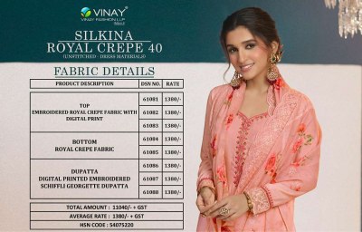 Vinay Fashion Silkina Royal Crepe vol 40 Embroidered Dress Materials catalogue wholesale price   salwar kameez catalogs