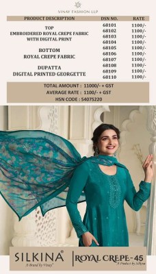 Vinay Silkina Royal Crepe Vol 45 Digital Printed Crape Dress Materials catalogue buy online    salwar kameez catalogs