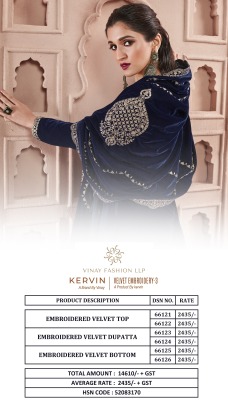 Vinay fashion LLP by Kervin embroidered velvet top bottom with dupatta catalogue at wholesale price  salwar kameez catalogs