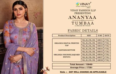 Vinay fashion tumbaa anayaa organza digital printed ready made salwar kameez catalogue wholesale rate in India  kurtis catalogs