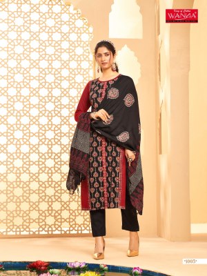 Wanna by Ajrakh fancy reyon embroidered kurti pant and dupatta catalogue at low rate readymade suit catalogs