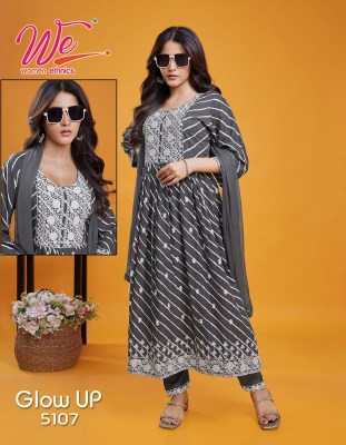 We by Glow up Soft reyon laheriya printed fancy anarkali suit catalogue at low rate readymade suit catalogs