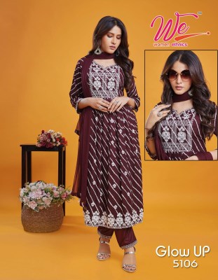 We by Glow up Soft reyon laheriya printed fancy anarkali suit catalogue at low rate readymade suit catalogs