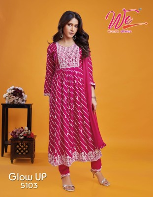 We by Glow up Soft reyon laheriya printed fancy anarkali suit catalogue at low rate readymade suit catalogs