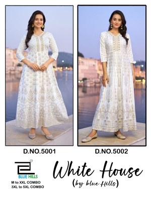 White House vol 1 by Blue Hills Reyon Flared Foil printed Kurti catalogue at low rate kurtis catalogs