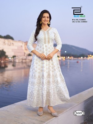 White House vol 1 by Blue Hills Reyon Flared Foil printed Kurti catalogue at low rate kurtis catalogs