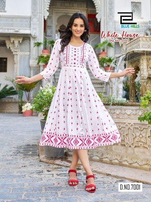 White House vol 3 by Blue Hills Long Reyon Printed Flared Kurti Collection at Low Price kurtis catalogs