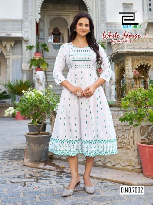 White House vol 3 by Blue Hills Long Reyon Printed Flared Kurti Collection at Low Price kurtis catalogs