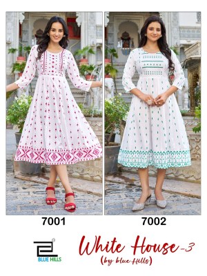 White House vol 3 by Blue Hills Long Reyon Printed Flared Kurti Collection at Low Price kurtis catalogs