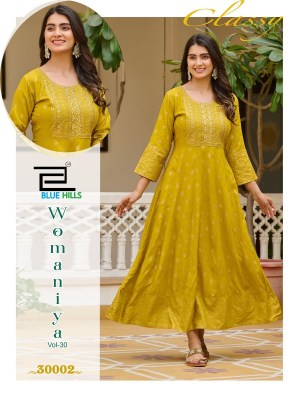 Womaniya vol 30 by Blue Hills Anarkali Gown with neck Embroidered Fancy Kurti catalogue at low price kurtis catalogs