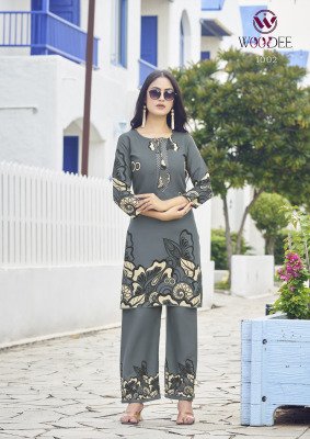 Woodee Belliza Premium Rayon Printed Top And Bottom Co ords Set with Functional Side Pocket Wholesale co ord set catalogs