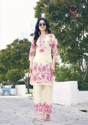 Woodee Belliza Premium Rayon Printed Top And Bottom Co ords Set with Functional Side Pocket Wholesale co ord set catalogs