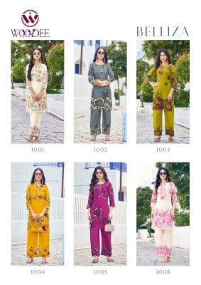 Woodee Belliza Premium Rayon Printed Top And Bottom Co ords Set with Functional Side Pocket Wholesale co ord set catalogs