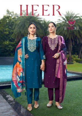 Woodee Heer Straight Cut 3 Pcs Set Premium Viscose Muslin Jacquard with Digital Print And Thread Work Wholesale Woodee