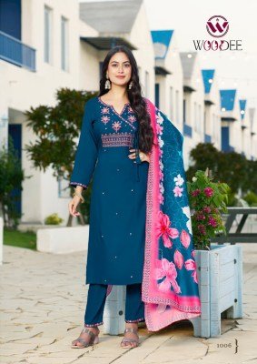 Woodee Sargam Premium Rayon Muslin Top with Plazzo Pant Digital Print Thread And Hand Work And Wholesale kurtis catalogs