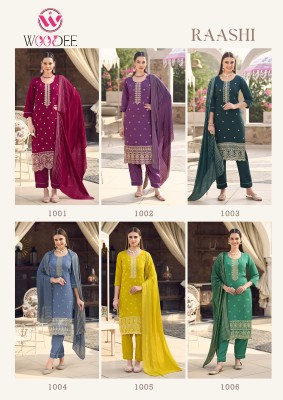 Woodee by Raashi Premiume Roman Silk Cording Work Fancy Kurti Pant and Dupatta catalogue at affordable rate readymade suit catalogs