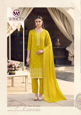 Woodee by Raashi Premiume Roman Silk Cording Work Fancy Kurti Pant and Dupatta catalogue at affordable rate readymade suit catalogs