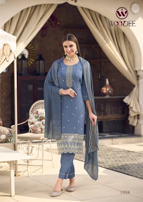 Woodee by Raashi Premiume Roman Silk Cording Work Fancy Kurti Pant and Dupatta catalogue at affordable rate readymade suit catalogs