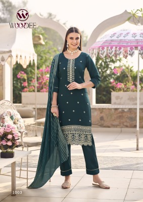 Woodee by Raashi Premiume Roman Silk Cording Work Fancy Kurti Pant and Dupatta catalogue at affordable rate readymade suit catalogs