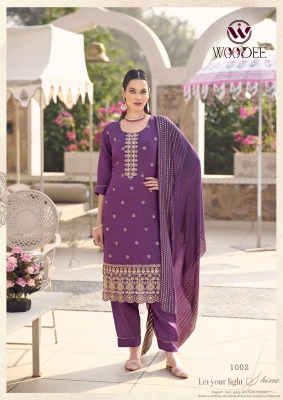 Woodee by Raashi Premiume Roman Silk Cording Work Fancy Kurti Pant and Dupatta catalogue at affordable rate readymade suit catalogs