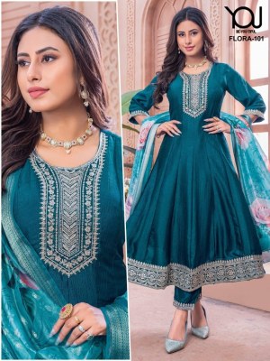 You by Flora heavy vichitra silk embroidered fancy anarkali suit catalogue low rate readymade suit catalogs