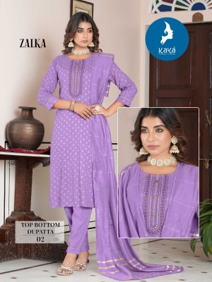 Zalka by kaya reyon printed designer kurti pant and dupatta catalogue readymade suit catalogs