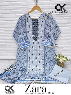 Zara vol 2 by AL Karam Pure Lawn Cotton Printed With GPO Less With Self Embroidery Work suit collection readymade suit catalogs