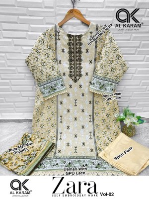 Zara vol 2 by AL Karam Pure Lawn Cotton Printed With GPO Less With Self Embroidery Work suit collection readymade suit catalogs