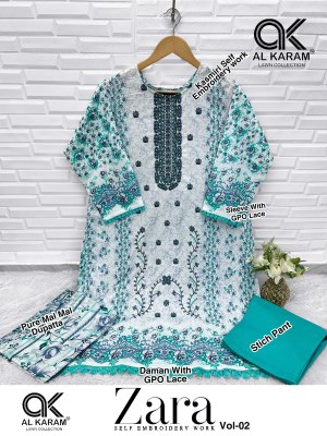 Zara vol 2 by AL Karam Pure Lawn Cotton Printed With GPO Less With Self Embroidery Work suit collection readymade suit catalogs