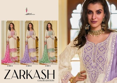 Zarkash by eba life style heavy chinon embroidered kurti pant with dupatta catalogue at affordable rate  readymade suit catalogs