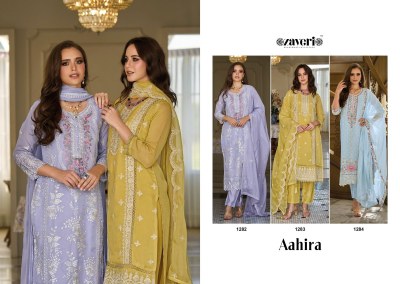 Zaveri by Aahira organza fancy embroidered work kurti pant and dupatta catalogue at low rate readymade suit catalogs