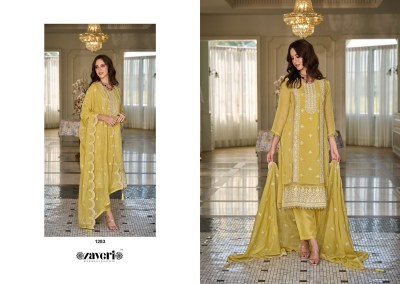 Zaveri by Aahira organza fancy embroidered work kurti pant and dupatta catalogue at low rate readymade suit catalogs