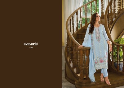 Zaveri by Aahira organza fancy embroidered work kurti pant and dupatta catalogue at low rate readymade suit catalogs