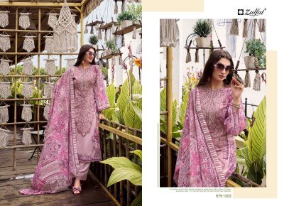Zulfat Designer Suits Sana Safina Unstitched Collection Pure Cotton Top with Exclusive Embroidery, Mal Mal Cotton Printed Dupatta Cotton Bottomth Embr dress material catalogs