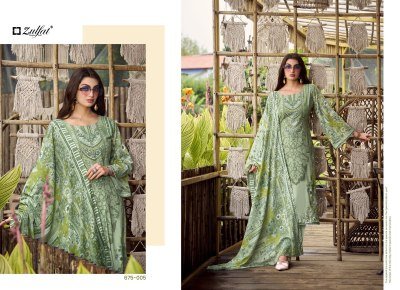 Zulfat Designer Suits Sana Safina Unstitched Collection Pure Cotton Top with Exclusive Embroidery, Mal Mal Cotton Printed Dupatta Cotton Bottomth Embr dress material catalogs