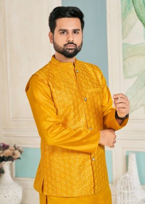 amavi by swayamvar heavy banglori silk kurta polo pant and koti with heavy embroidery sequence work both side at wholesale rate mens kurta