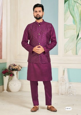 amavi by swayamvar heavy banglori silk kurta polo pant and koti with heavy embroidery sequence work both side at wholesale rate mens kurta