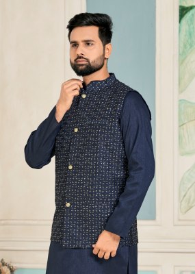 amavi by swayamvar heavy banglori silk kurta polo pant and koti with heavy embroidery sequence work both side at wholesale rate mens kurta