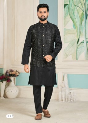 amavi by swayamvar heavy banglori silk kurta polo pant and koti with heavy embroidery sequence work both side at wholesale rate mens kurta