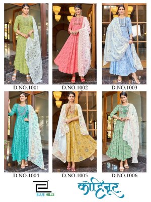 blue hills by Kohinoor long gown with neck embroidered  kurti pant and dupatta catalogue at wholesale price readymade suit catalogs