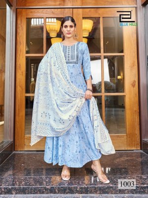 blue hills by Kohinoor long gown with neck embroidered  kurti pant and dupatta catalogue at wholesale price readymade suit catalogs