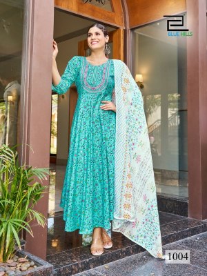 blue hills by Kohinoor long gown with neck embroidered  kurti pant and dupatta catalogue at wholesale price readymade suit catalogs