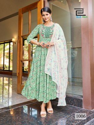 blue hills by Kohinoor long gown with neck embroidered  kurti pant and dupatta catalogue at wholesale price readymade suit catalogs