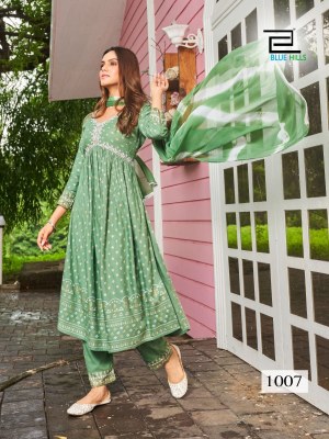 blue hills by bollywood tikka vol 3 rayon nazmin sibori with two side lace  ali cut kurti catalog at wholesale price readymade suit catalogs