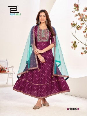 blue hills by manika mange hithe 20 by designer reyon printed with neck embroidery gown and dupatta catlog at wholesale price gown catalogs