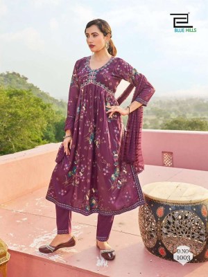 blue hills presents bollywood tikka rayon foil printed alia cut ready made salwar suits wholesaler  kurtis catalogs