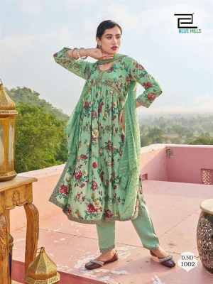 blue hills presents bollywood tikka rayon foil printed alia cut ready made salwar suits wholesaler  kurtis catalogs